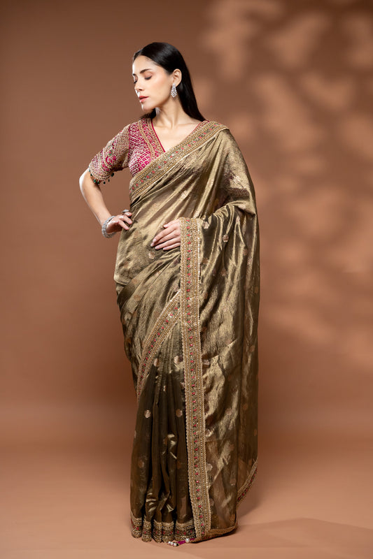Mouse Tissue Embroidered Saree With Readymade Blouse