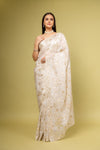 Effortlessly Beautiful Off White Organza Floral Saree With Unstitched Blouse