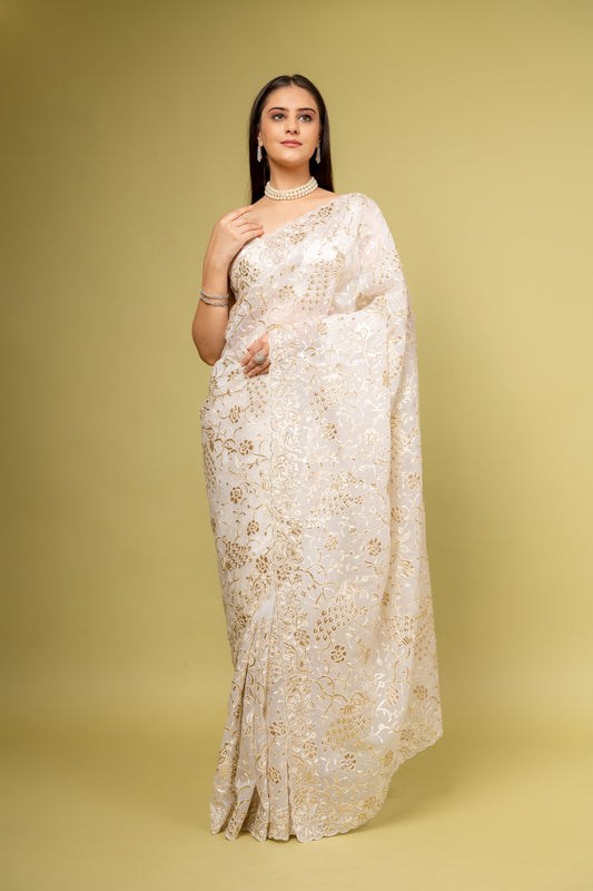 Effortlessly Beautiful Off White Organza Floral Saree With Unstitched Blouse
