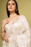 Effortlessly Beautiful Off White Organza Floral Saree With Unstitched Blouse