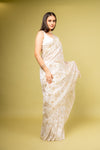 Effortlessly Beautiful Off White Organza Floral Saree With Unstitched Blouse