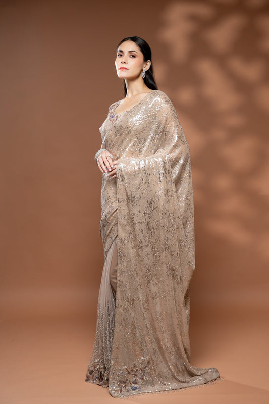 Tussar Net Embroidered Saree With Readymade Blouse
