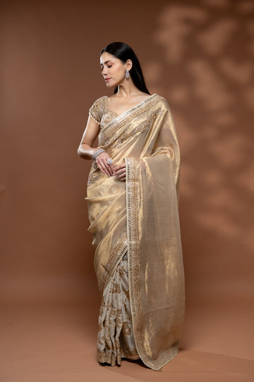 Tussar Net Embroidered Saree With Readymade Blouse