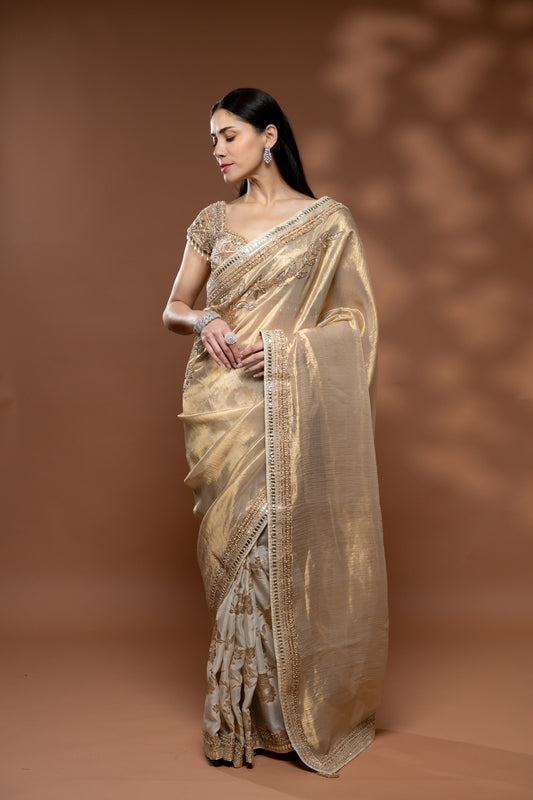 Tussar Net Embroidered Saree With Readymade Blouse