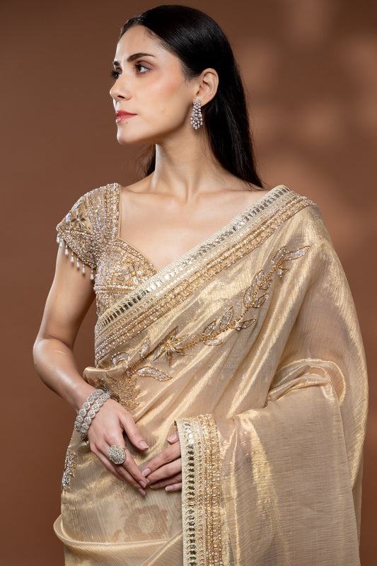 Tussar Net Embroidered Saree With Readymade Blouse