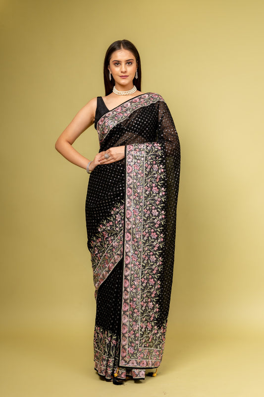 Bold Statement Black Organza Saree With Unstitched Blouse