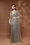 Grey Net Embroidered Saree With Readymade Blouse