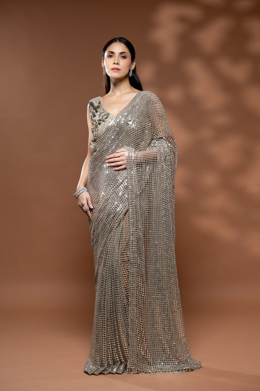 Grey Net Embroidered Saree With Readymade Blouse