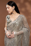 Grey Net Embroidered Saree With Readymade Blouse