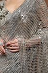 Grey Net Embroidered Saree With Readymade Blouse