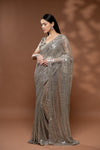 Grey Net Embroidered Saree With Readymade Blouse