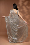 Grey Net Embroidered Saree With Readymade Blouse