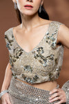 Grey Net Embroidered Saree With Readymade Blouse