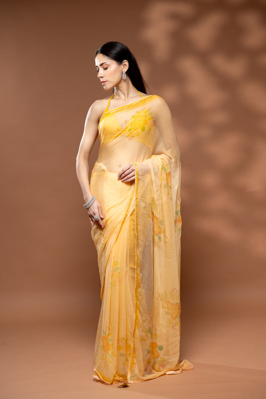 Peach Chiffon Saree With Unstitched Blouse