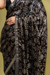 Bold Statement Black Georgette Floral Saree With Unstitched Blouse