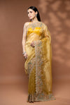 Mustard Crush Tissue Embroidered Saree With Unstitched Blouse
