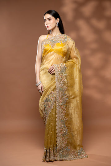 Mustard Crush Tissue Embroidered Saree With Unstitched Blouse
