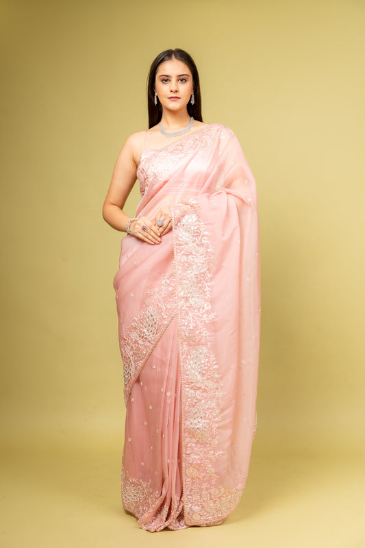 Glow Different In Gajari Organza Saree With Unstitched Blouse