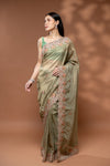 Pista Organza Embroidered Saree With Unstitched Blouse