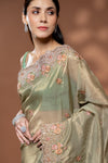 Pista Organza Embroidered Saree With Unstitched Blouse