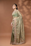 Pista Organza Embroidered Saree With Unstitched Blouse