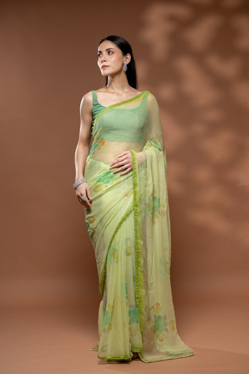 Sea Green Chiffon Saree With Unstitched Blouse