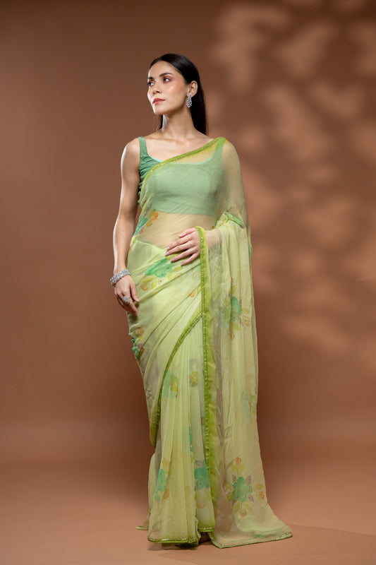 Sea Green Chiffon Saree With Unstitched Blouse