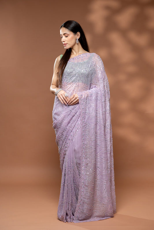 Mauve Shimmer Embroidered Saree With Unstitched Blouse