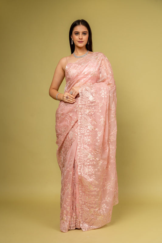 Glow Different In Gajari Organza Floral Saree With Unstitched Blouse