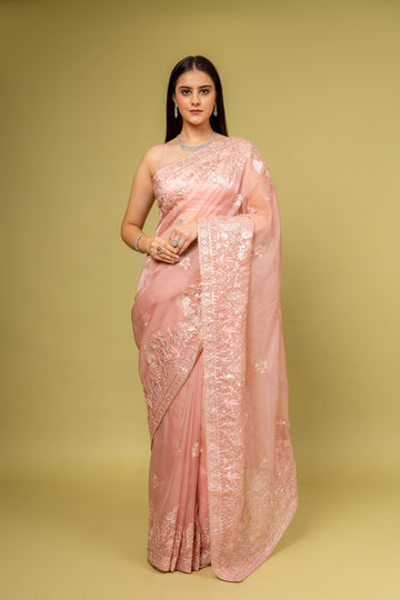 Panna Glow Different In Gajari Organza Floral Saree With Unstitched Blouse
