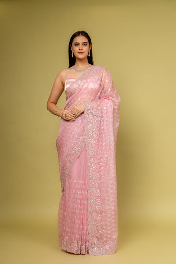 Glow Different In Gajari Organza Floral Saree With Unstitched Blouse