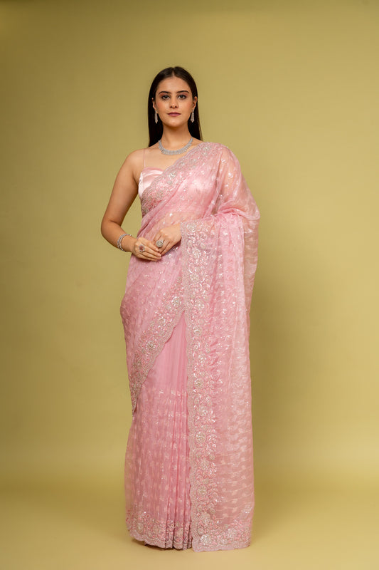 Glow Different In Gajari Organza Floral Saree With Unstitched Blouse