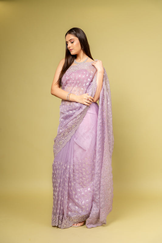 Delicate And Dreamy Mauve Organza Saree With Unstitched Blouse
