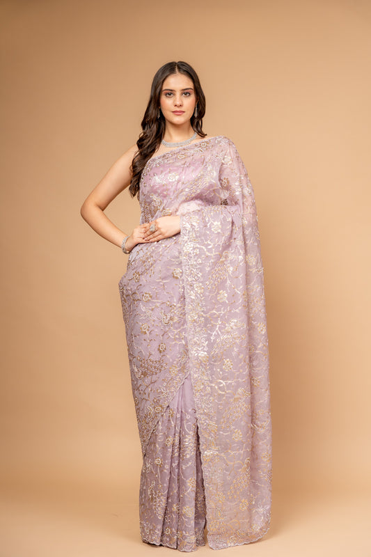 Delicate And Dreamy Mauve Organza Floral Embroidered Saree With Unstitched Blouse