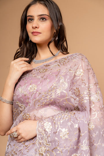 Delicate And Dreamy Mauve Organza Floral Embroidered Saree With Unstitched Blouse