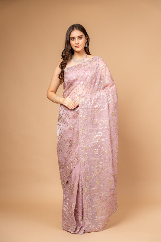 Delicate And Dreamy Mauve Organza Floral Saree With Unstitched Blouse