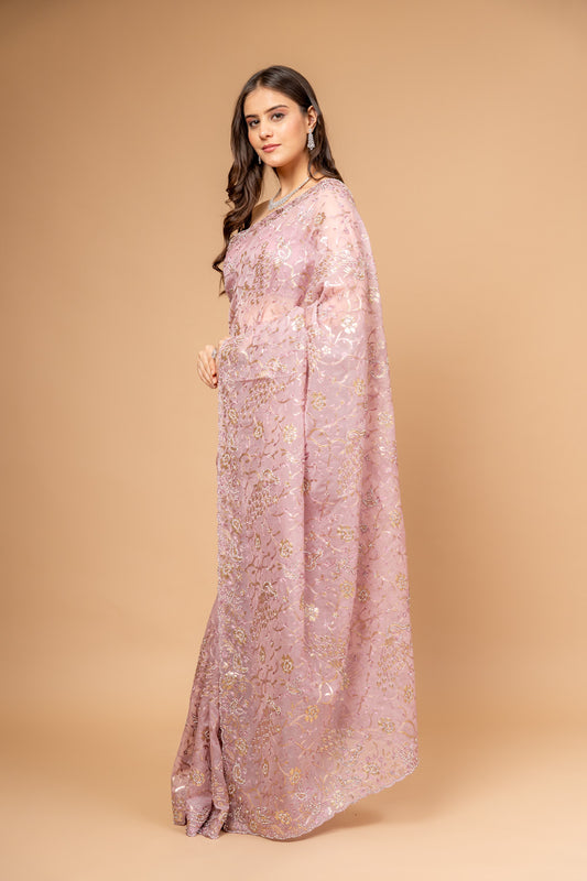 Delicate And Dreamy Mauve Organza Floral Saree With Unstitched Blouse