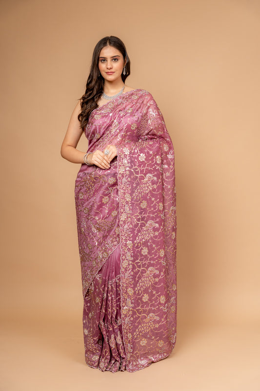Charm Of Dark Gajari Organza Floral Saree With Unstitched Blouse