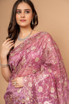 Charm Of Dark Gajari Organza Floral Saree With Unstitched Blouse