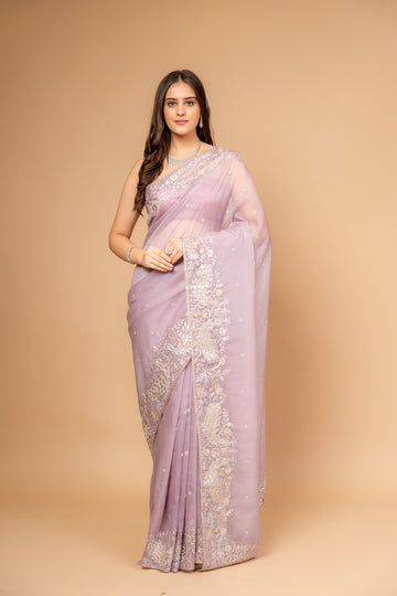 Delicate And Dreamy Mauve Organza Saree With Unstitched Blouse