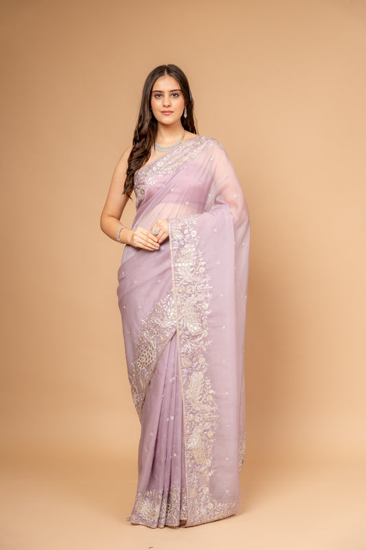 Delicate And Dreamy Mauve Organza Saree With Unstitched Blouse
