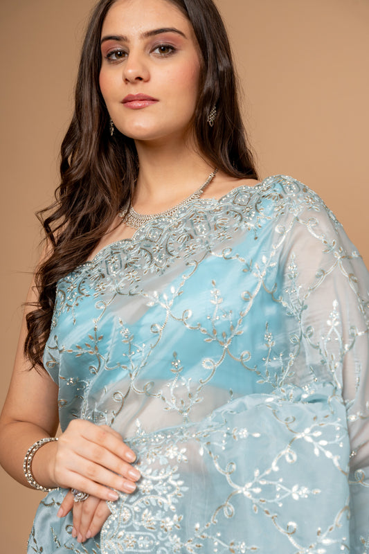 Timelessly Yours Sky Blue Organza Jaal Pattern Saree With Unstitched Blouse
