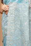 Timelessly Yours Sky Blue Organza Jaal Print Saree With Unstitched Blouse