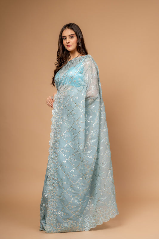 Timelessly Yours Sky Blue Organza Jaal Print Saree With Unstitched Blouse