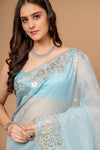 Timelessly Yours Sky Blue Organza Saree With Peacock Embroidery and Unstitched Blouse