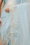 Timelessly Yours Sky Blue Organza Saree With Peacock Embroidery and Unstitched Blouse