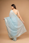 Timelessly Yours Sky Blue Organza Saree With Peacock Embroidery and Unstitched Blouse