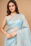 Timelessly Yours Sky Blue Organza Saree With Unstitched Blouse