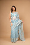 Timelessly Yours Sky Blue Organza Saree With Unstitched Blouse