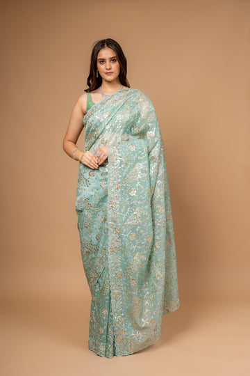 Royal Heritage Tea-green Organza Floral Saree With Unstitched Blouse